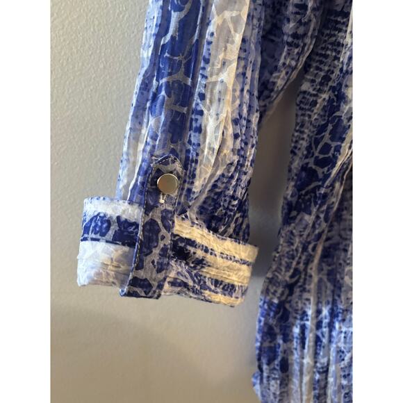 JM Collection Womens Blue Semi Sheer Button Down Size XXL Blue Striped Coastal - Picture 6 of 6